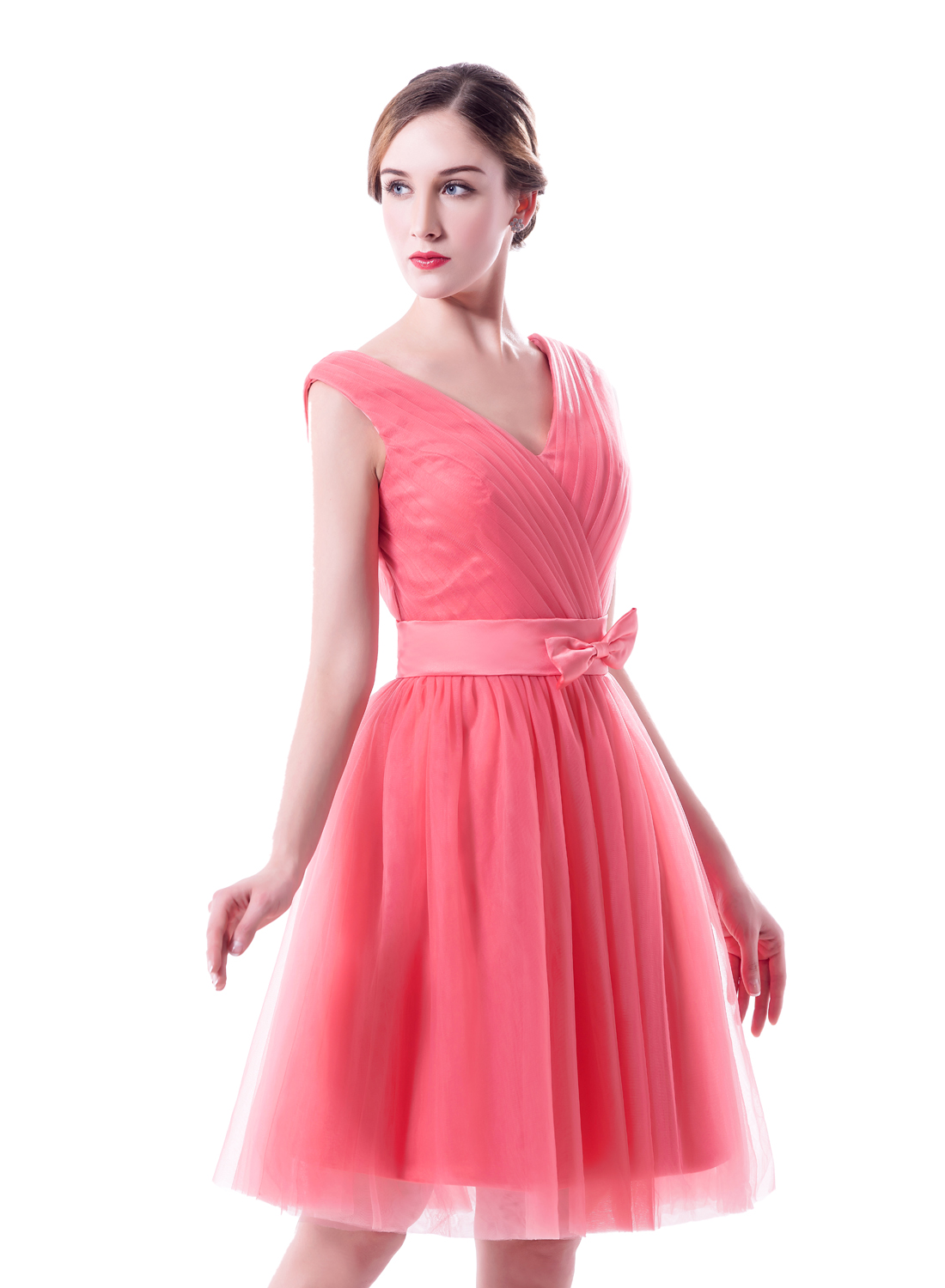 V Neck Sleeveless Watermelon Color Bridesmaid Dresses A Line Tulle